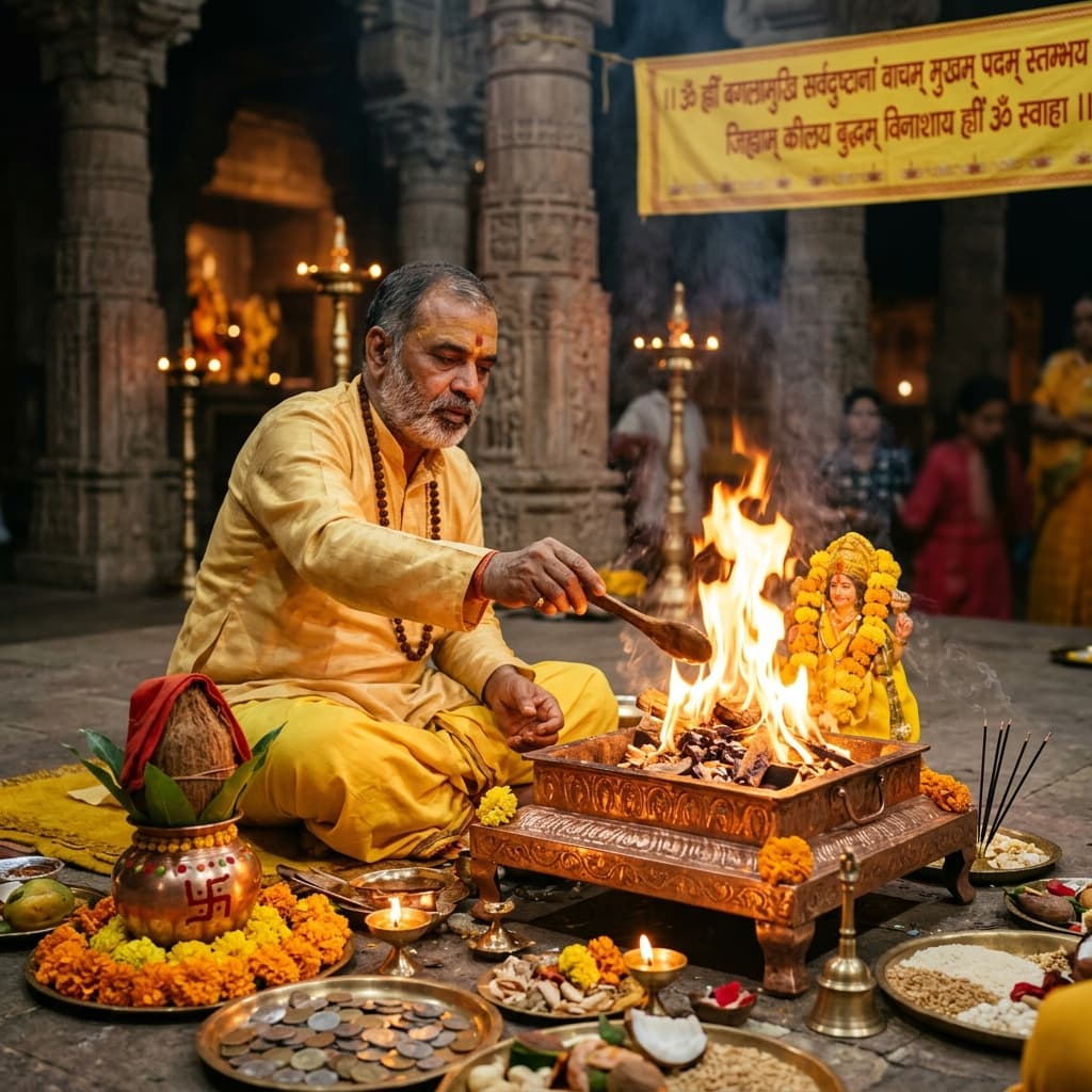 Maa Baglamukhi Dhan Siddhi Puja performed at Siddha Peeth Nalkheda temple with sacred hawan kund