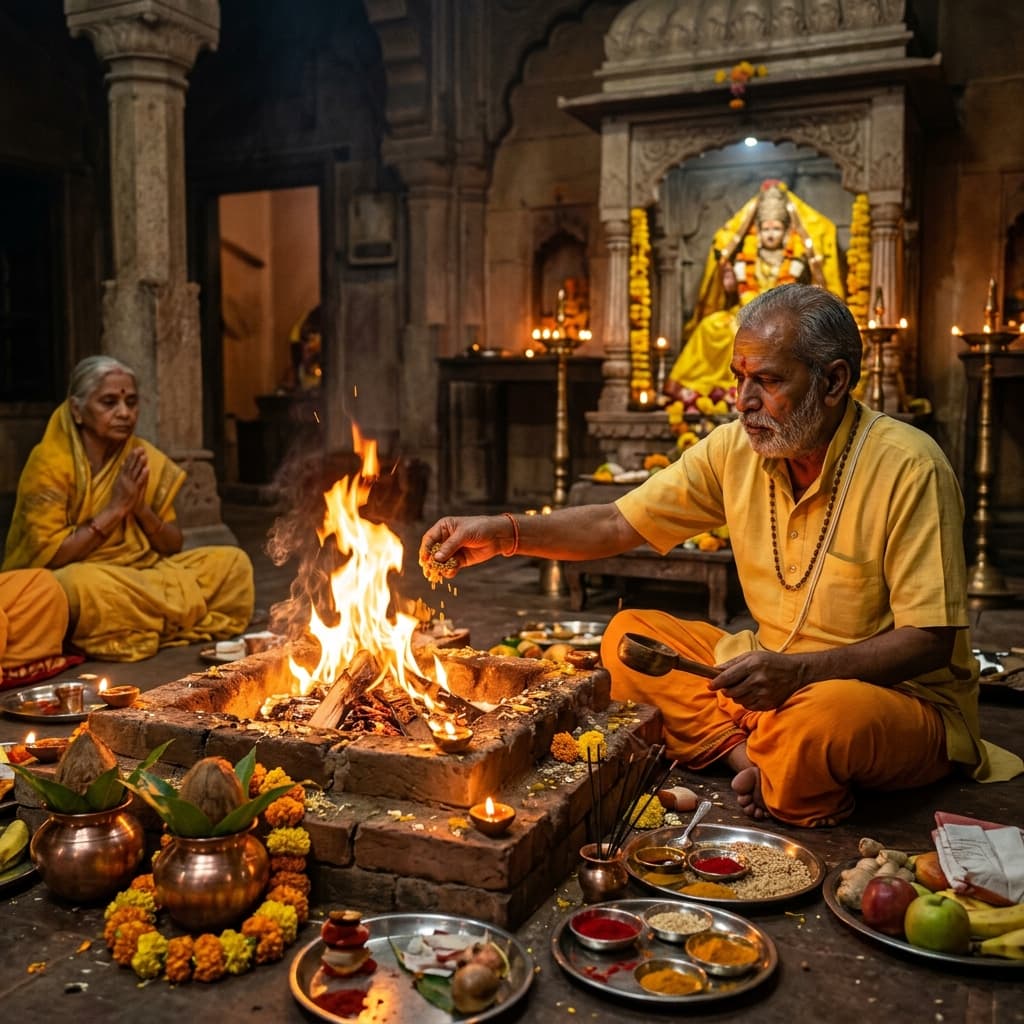 Maa Baglamukhi Puja performed by pandit at Nalkheda temple with holy fire