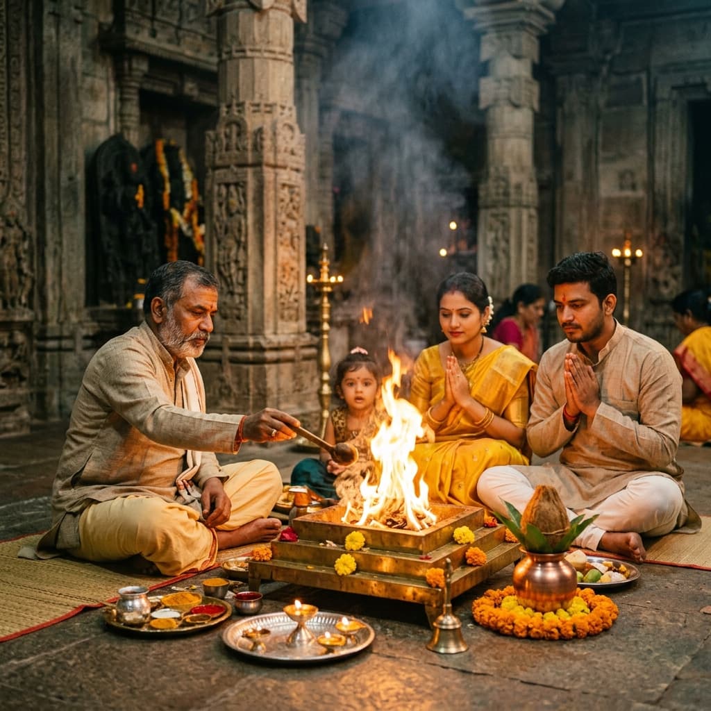 Maa Baglamukhi Santan Sukh Prapti Puja performed at Siddha Peeth Nalkheda temple with sacred hawan kund