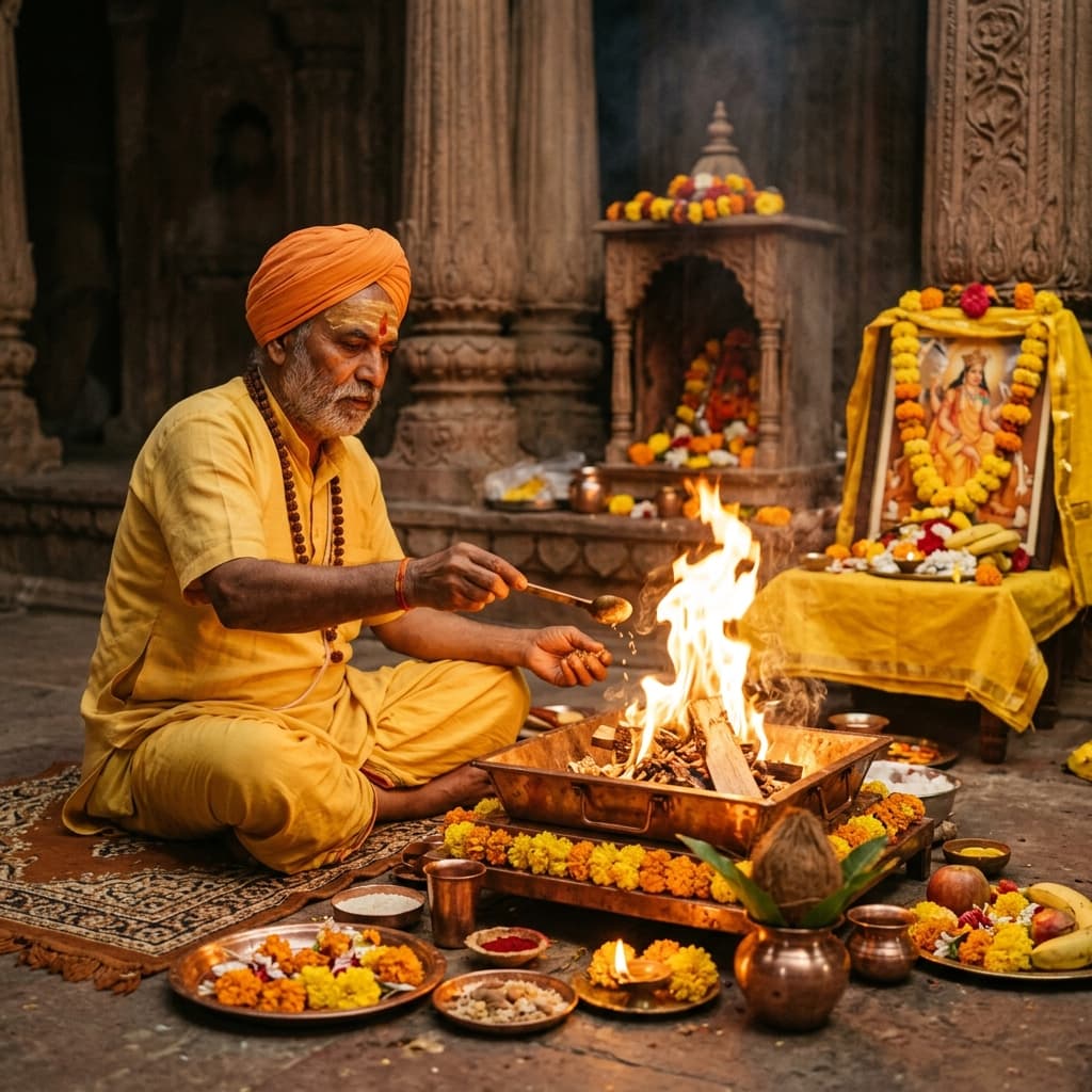 Maa Baglamukhi Vyapar Samriddhi Puja performed at Siddha Peeth Nalkheda temple with sacred hawan kund