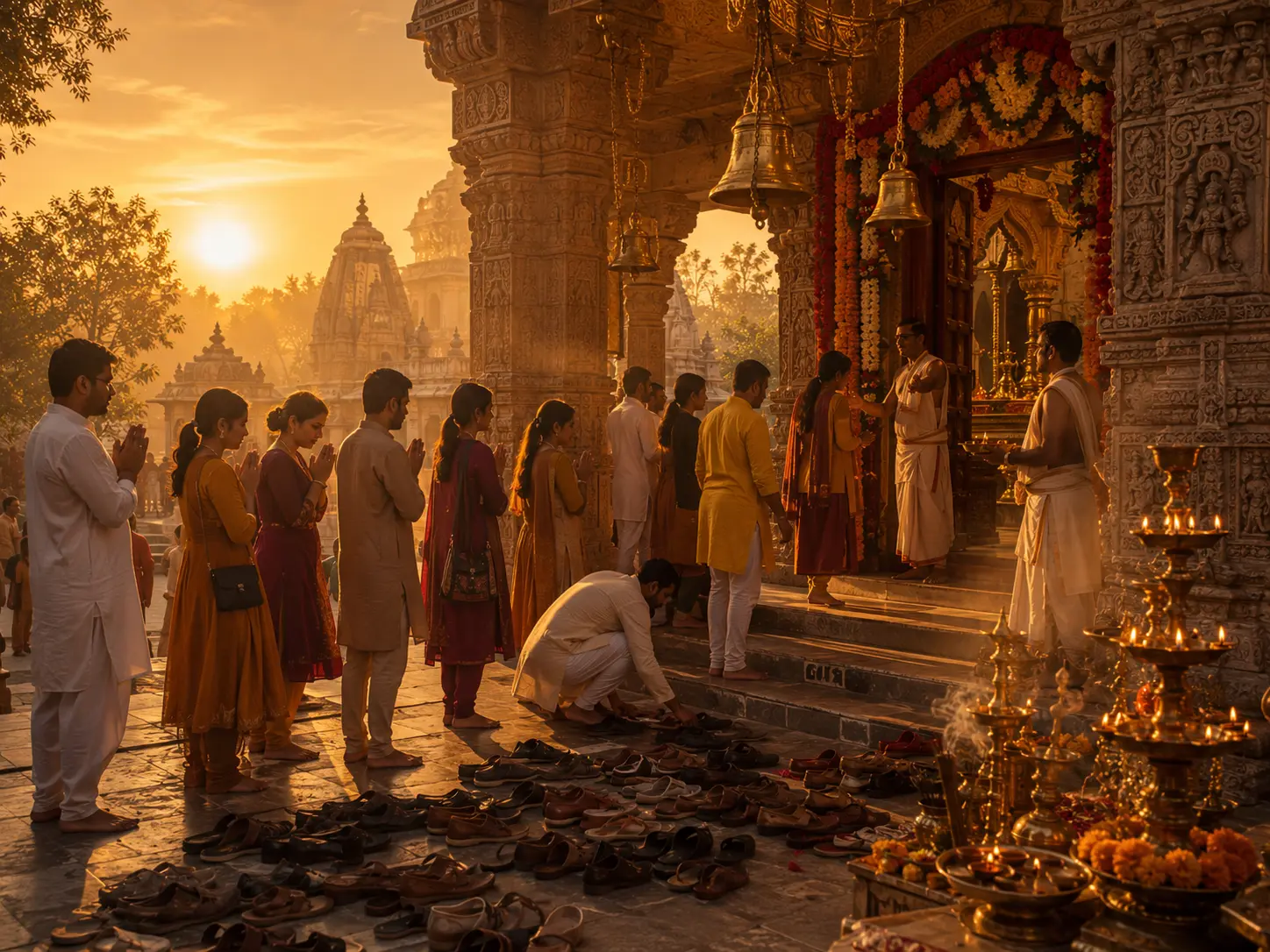 Devotees following temple etiquette while visiting Nalkheda Siddha Peeth Maa Baglamukhi Temple