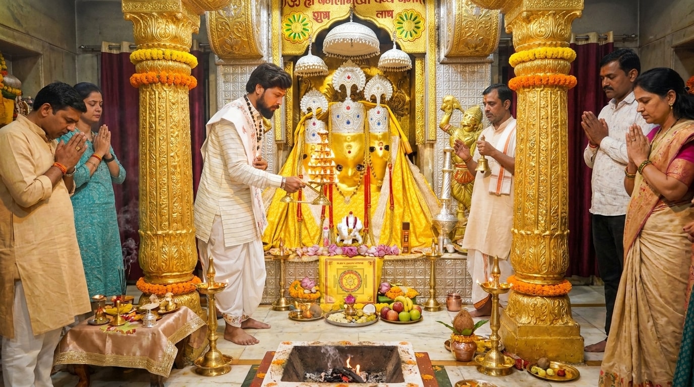 Acharya Ji performing Maha Aarti before Maa Baglamukhi while devotees offer prayers with folded hands.