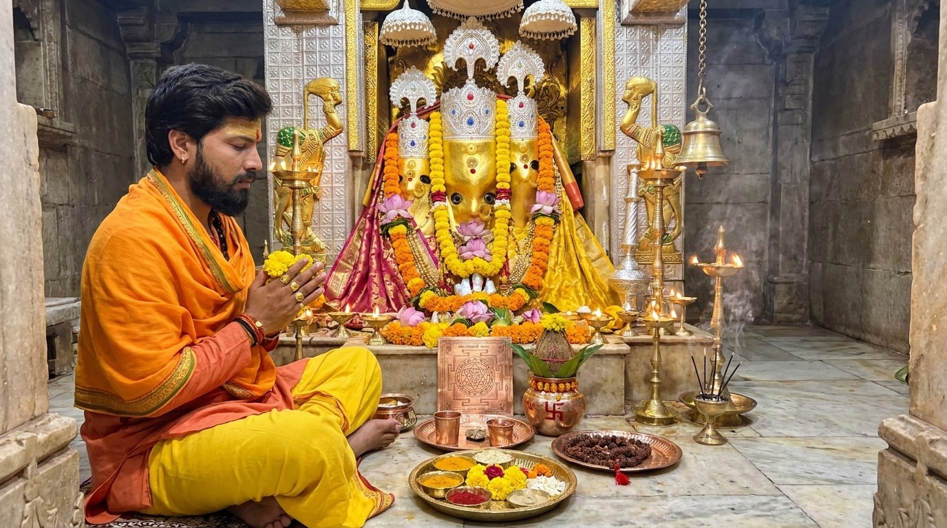 Acharya Ji invoking Maa Baglamukhi through sacred Vedic mantras inside the temple sanctum.