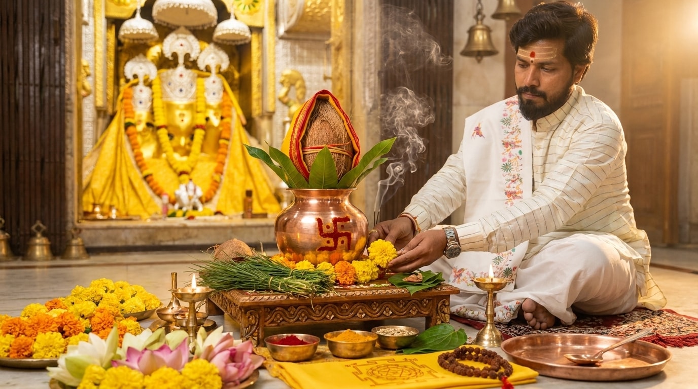 Acharya Ji performing Kalash Sthapana with sacred Kalash, coconut, mango leaves and Baglamukhi Yantra.