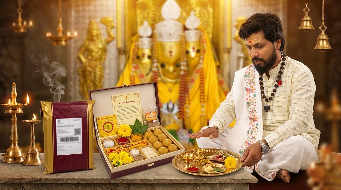 Blessed Prasad, Raksha Sutra and sacred items carefully packed for delivery after the completion of Maa Baglamukhi Puja.