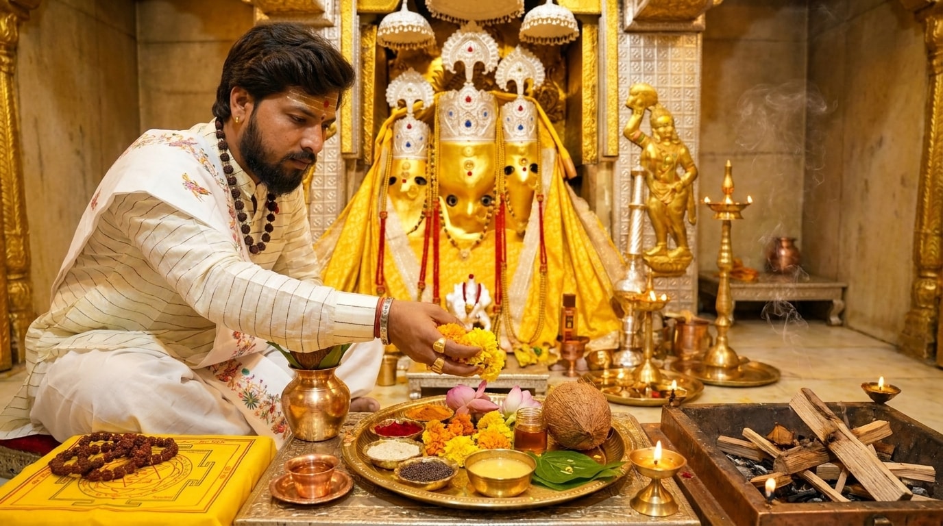 Traditional offerings including Haldi, flowers, mustard seeds and pure cow ghee offered to Maa Baglamukhi.