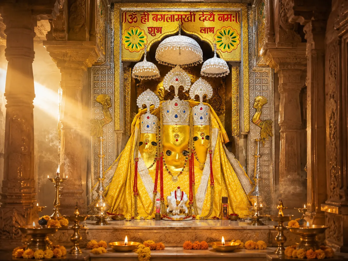 Devotees offering prayers before the idol of Maa Baglamukhi at Nalkheda Siddha Peeth