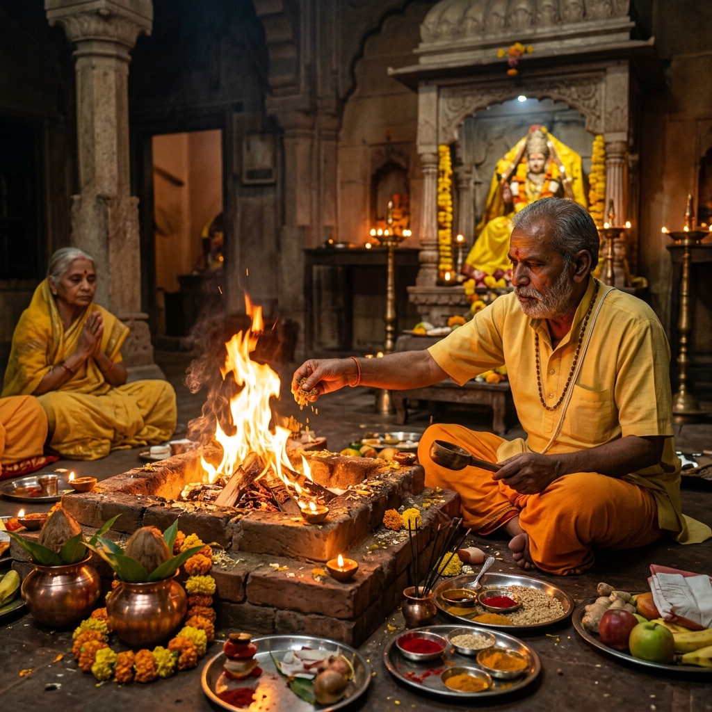 Traditional Hindu havan and pooja ritual with sacred fire and offerings
